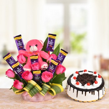 Cake & Pink Roses Chocolate Teddy With Basket